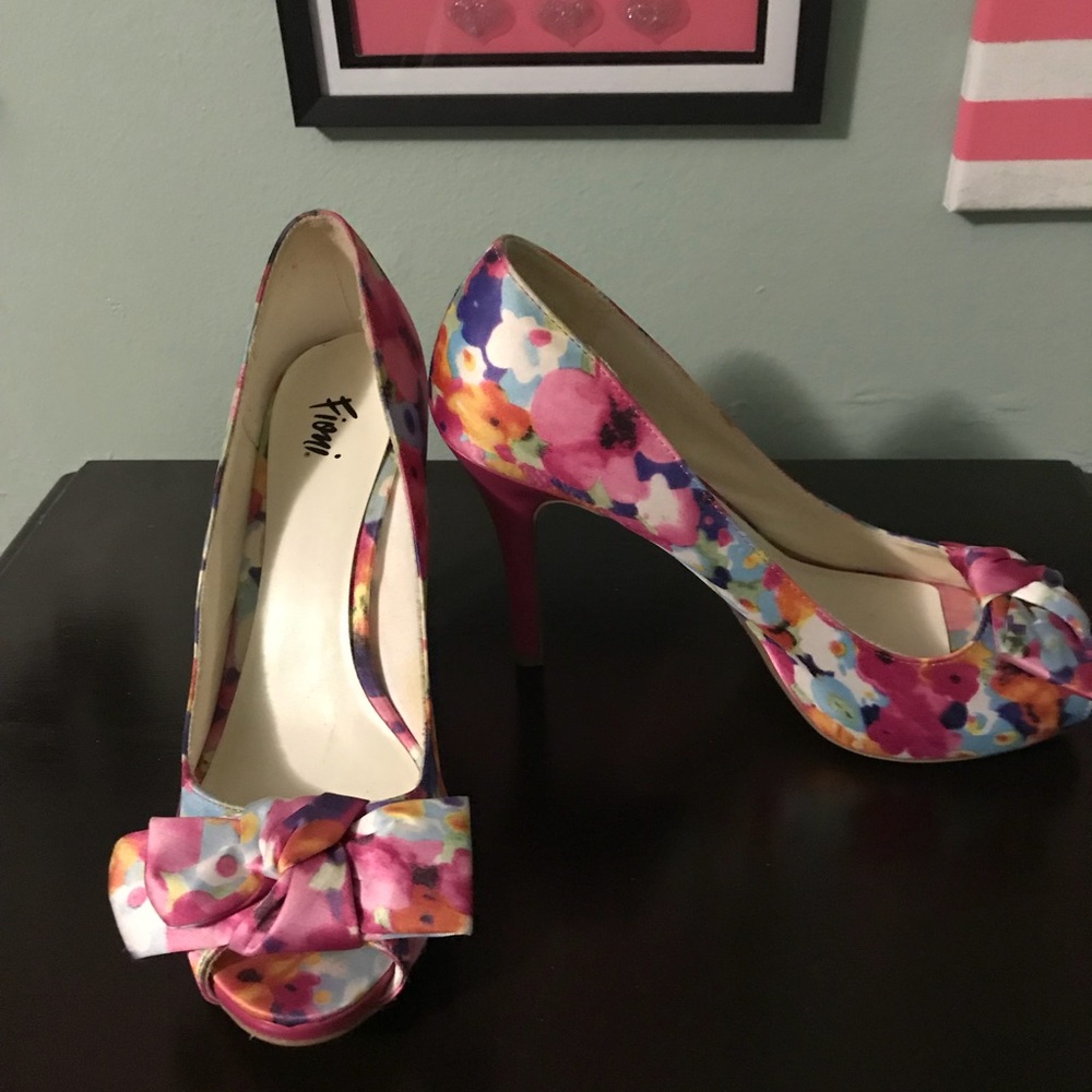 Pink floral peep toe shoes